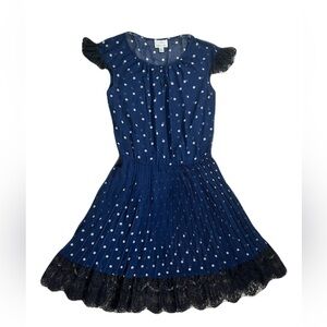 Donna Morgan Transparent Navy Blue Polka Dot Dress with Black Lace Trim
